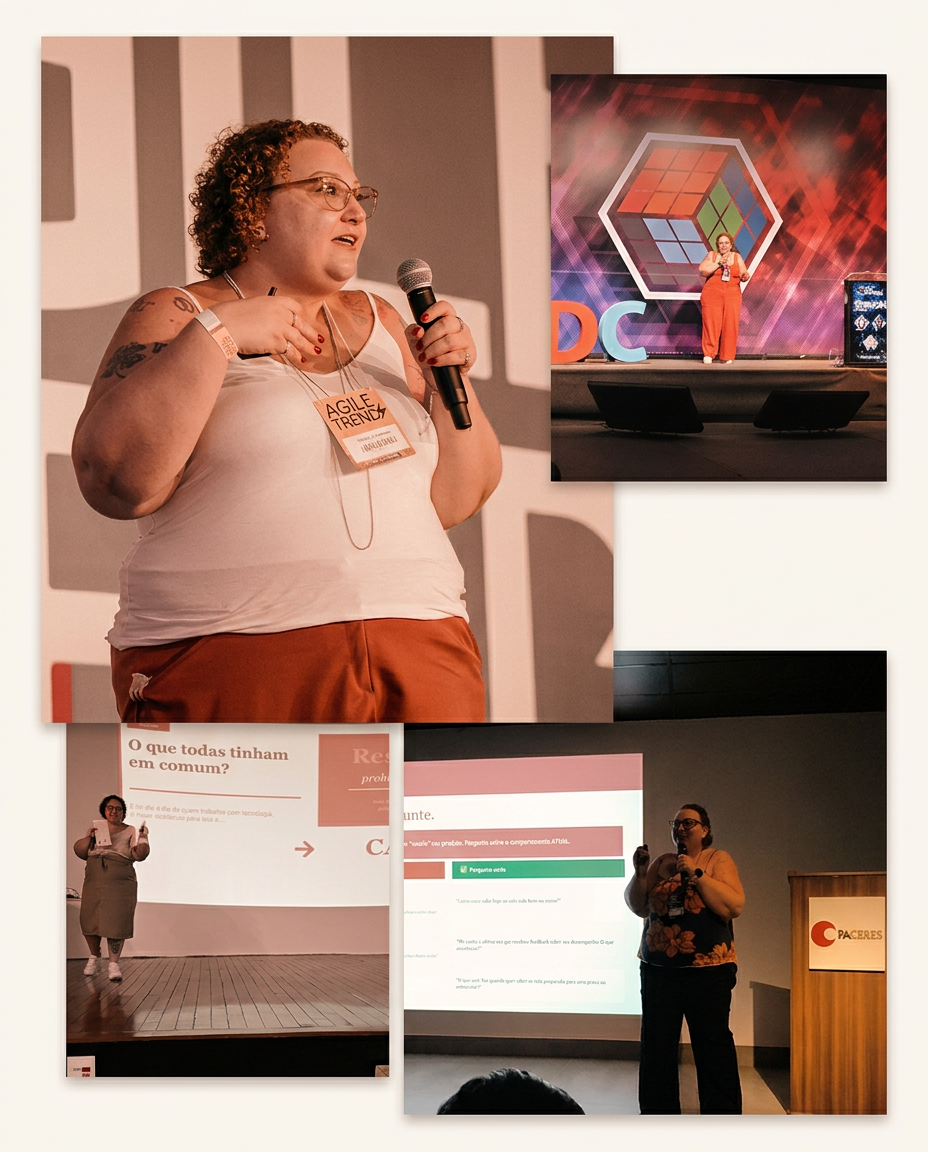 Pri Bariani em palestras — montagem em tons terrosos
